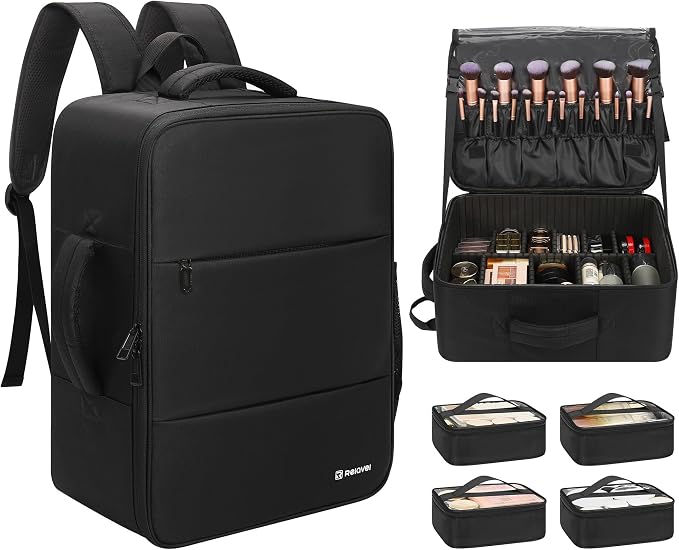 Relavel Makeup Backpack Extra Large Travel Train Case Professional Makeup Artist Kit Set Bag with 4 Clear Bags, Brush Storage Organizer Box with Dividers for Cosmetic Hair Tools Barber Supplies, Black by Relavel