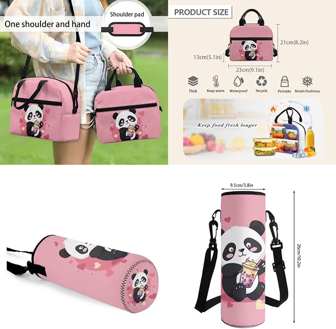 Panda Backpack for School,4Pack Cute Icecream PandaSchoolbag with Insulated Lunch Bag，Pencil Case,Bottle Holder Pouch for Girls,Toddler Backpack Elementary School Bookbag 17inch - Image 4