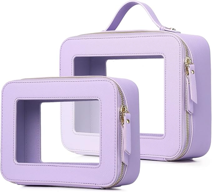 Pinkmik Clear Makeup Bag for Women Waterproof Travel Cosmetics and Toiletries Case Portable Makeup Oaganizer Bag Clear Car Bag with Zipper (X/Purple, M+L) by Pinkmik