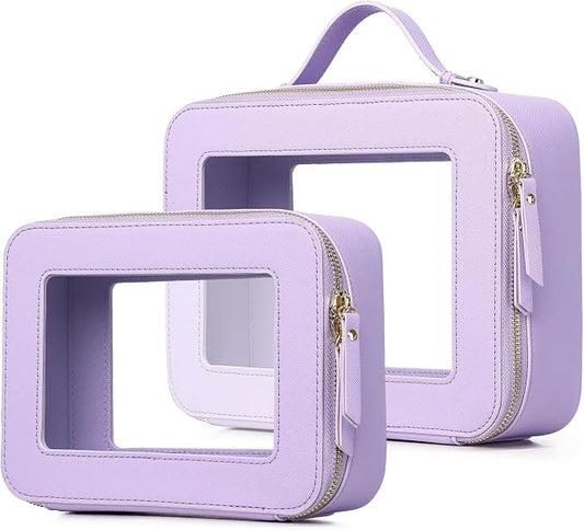 Pinkmik Clear Makeup Bag for Women Waterproof Travel Cosmetics and Toiletries Case Portable Makeup Oaganizer Bag Clear Car Bag with Zipper (X/Purple, M+L) by Pinkmik