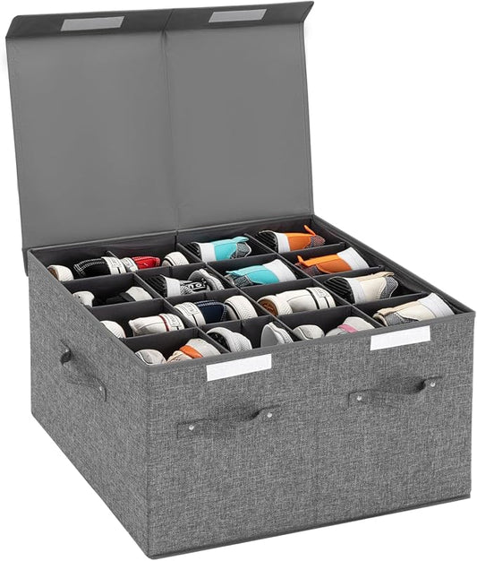 Shoe Organizer for Closet Fits 16 Pairs, Large Shoe Storage Box Bins Containers with Lid and Adjustable Dividers for Shoes, Sneakers and High Heeled, Hard Shell and Stackable (Grey) by FBBABB