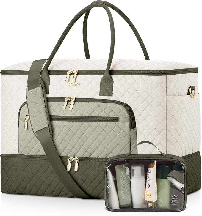 Travel Duffle Bag, Wide Open Large Weekender Bag for Women with Shoe Compartment, Carry on Overnight Bags with Toiletry Bag, Hospital Bag for Women Labor Delivery (Beige Green) by Unknown