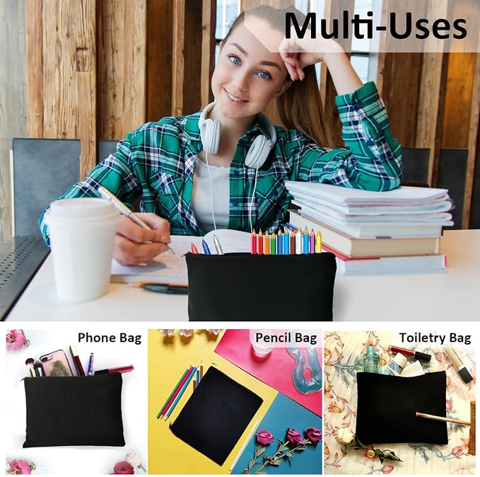 Koolmox Black Canvas Pouches Blank, 12PCS Canvas Zipper Pouch, 8x5 inch Plain Pencil Bag for Patches, Embroidery, Print Sublimation - Image 6
