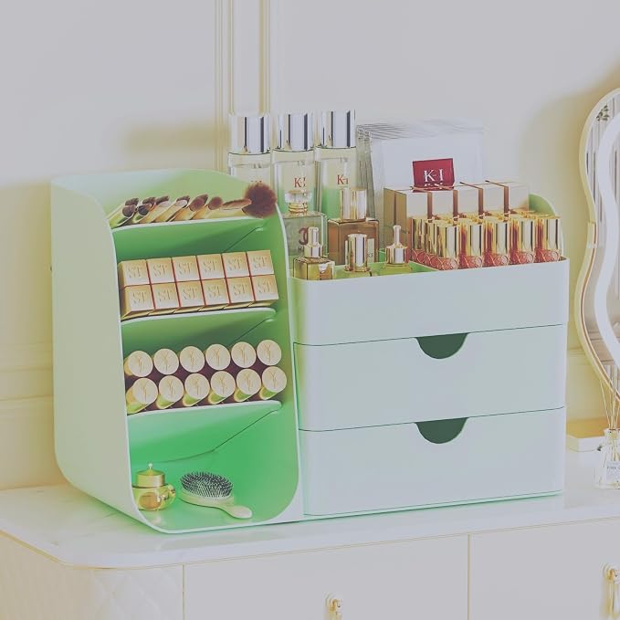 Makeup Organizer with Drawers, Large Capacity Countertop Organizer for Vanity, Bathroom and Bedroom Desk Cosmetics Organizer, Easy To Storage Skincare, Brushes, Eyeshadow, Lipstick (All Green) - Image 3
