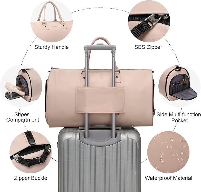 Modoker Eco-Friendly Convertible Garment Bags for Travel, Carry on Garment Duffel Bag for Women Men Weekender - 2 in 1 Hanging Suitcase Suit Travel Bags, Pink - Image 4