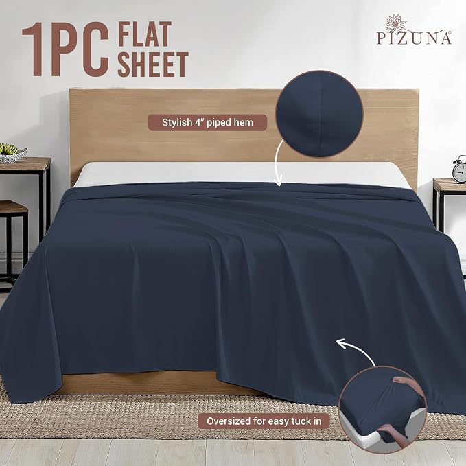 Pizuna Pure 100% Cotton Flat Sheets Only Twin XL Dark Blue (1 PC), Luxurious 400 Thread Count Long Staple Cotton Sateen with 4" Hem (Combed Twin XL Flat Sheet Only Cotton) - Image 3