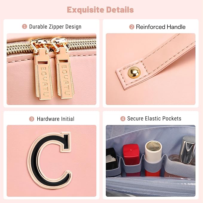 BOYATU Makeup Bag Gift for Women: 3-in-1 Travel Personalized Cosmetic Bag | Initial Make up Bag - Monogram A-Z - Vegan Leather Flat Open Toiletry Organizer - Ideal Gift Set for Birthday Graduation - Image 6