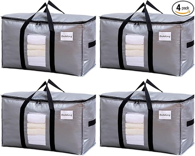 TAILI Extra Large Moving Bags, 4 Pack Silver Heavy Duty Totes For Storage with Visible Window, Wrap Around Handles, Space Saving Storage Bags for Moving Supplies, Alternative to Moving Boxes by TAILI