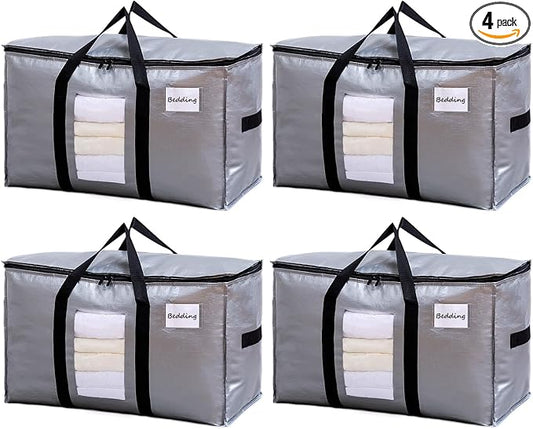TAILI Extra Large Moving Bags, 4 Pack Silver Heavy Duty Totes For Storage with Visible Window, Wrap Around Handles, Space Saving Storage Bags for Moving Supplies, Alternative to Moving Boxes by TAILI