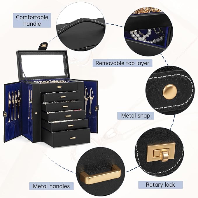 AKOZLIN 6-Tier Jewelry Box Organizer Functional 5 Drawers Leather Jewelry Storage Case for Women Girls Ring Necklace Earring Bracelet Holder Organizer with Mirror Extra Large BlackBlue - Image 2