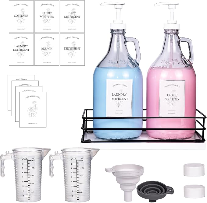 2 Pcs Glass Liquid Laundry Detergent Dispenser, Half Gallon Dispenser for Laundry Room (64 oz. Each), Laundry Detergent Bottles with Pump Dispenser -Includes Labels, Measuring Cups,Wooden Stand by Unknown