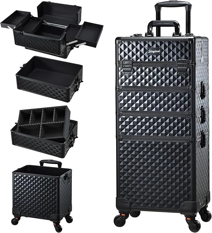 Stagaint Rolling Makeup Case 4 IN 1 Cosmetology Case on Wheels Salon Case | Makeup Organizer Box with Wheels Cosmetic Travel Case Nail Tech Storage Traveling Trunk Box All-Black Diamond by Stagiant