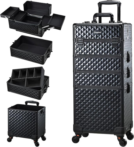 Stagaint Rolling Makeup Case 4 IN 1 Cosmetology Case on Wheels Salon Case | Makeup Organizer Box with Wheels Cosmetic Travel Case Nail Tech Storage Traveling Trunk Box All-Black Diamond by Stagiant