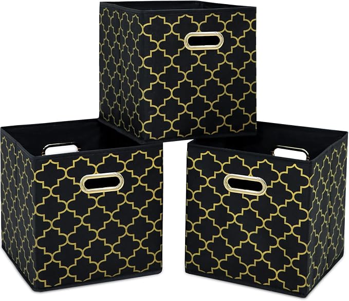 Fabric Cloth Storage Bins,Fabric Cube Organizer with Dual Handles Foldable Cube Storage Baskets for Home Bedroom Storage,Set of 3,(Black Gold) by SEVENDOME