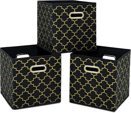 Fabric Cloth Storage Bins,Fabric Cube Organizer with Dual Handles Foldable Cube Storage Baskets for Home Bedroom Storage,Set of 3,(Black Gold) by SEVENDOME