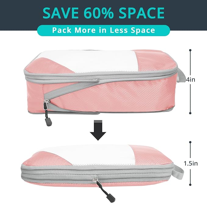 9 Set Compression Packing Cubes for Travel - Compressible, Lightweight, and Space-Saving Packing Cubes, Travel Essentials for Women, Pink - Image 2