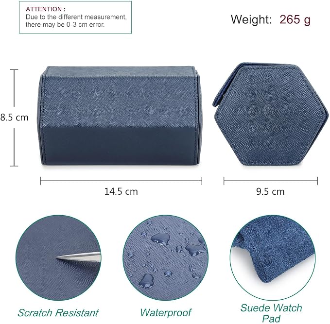 Hiram Genuine Leather Saffiano Watch Roll Travel Case, Leather 2-Watches Roll Case for Treasured Watches and Bracelets(Blue) - Image 3
