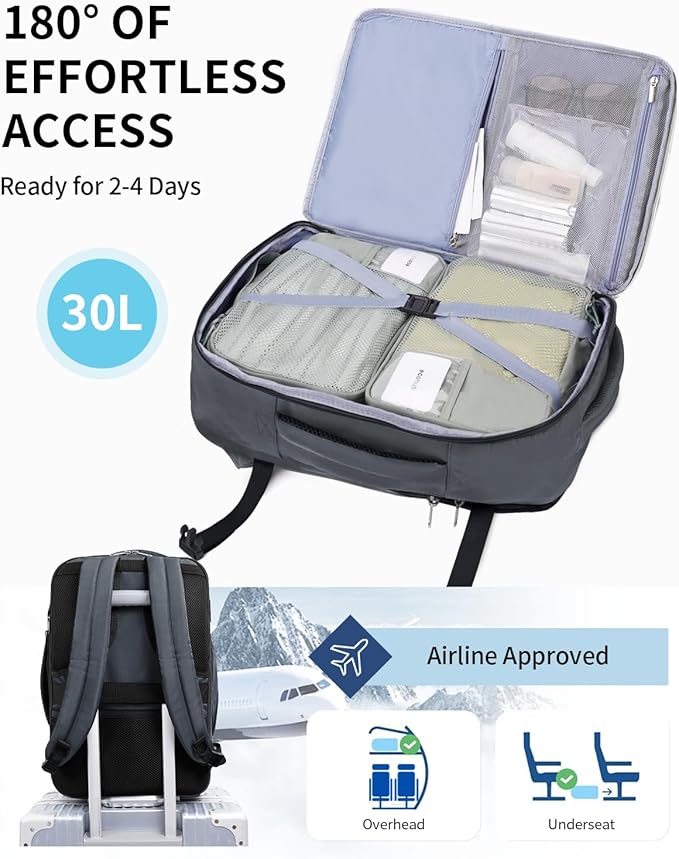 ECOHUB Carry On Travel Backpack, Expandable Airlines Personal Item Bag 18x14x8, Water Resistant 17 inch Laptop Backpack Flight Approved, 12 Pockets 30L Work Backpacks with Wet Pocket Cable Slot, Grey - Image 2