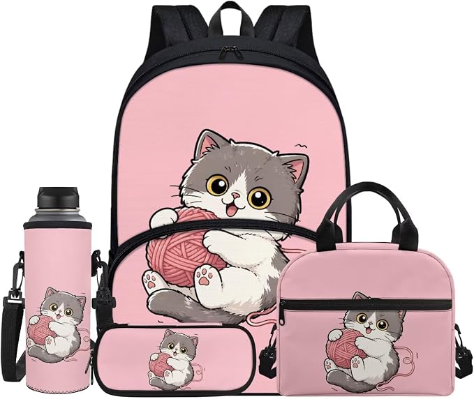 Cartoon Cat Pink Girls Backpack Set, 4 Piece School Bookbag with Lunch Box and Pencil Case Water Bottle for Kids, Water Resistant Middle Elementary School Backpack Schoolbag Daypack by Jndtueit