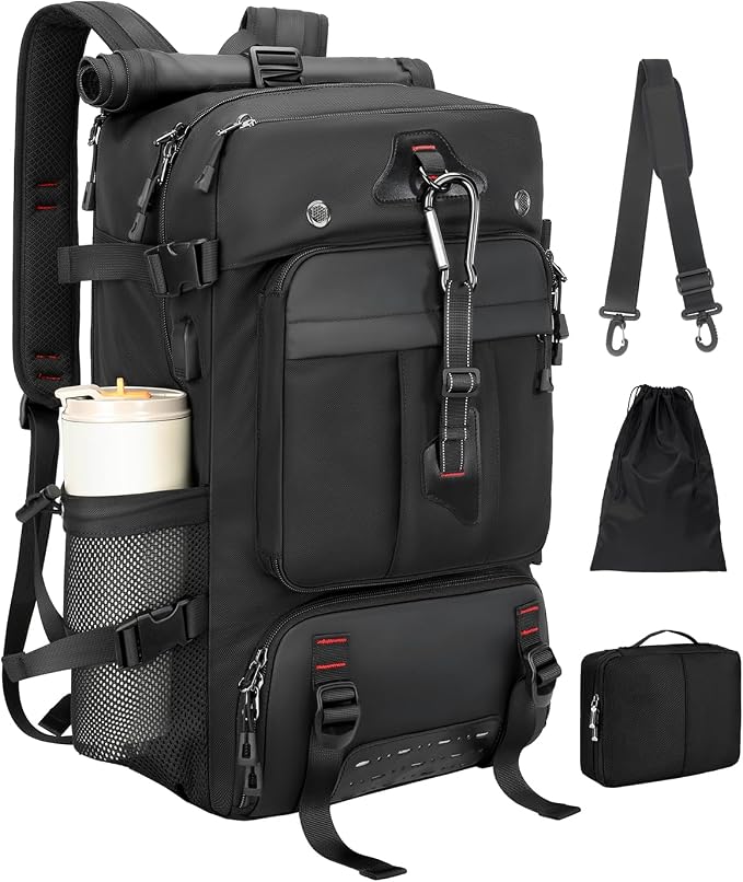 Travel Backpack for Men, 40L Carry on Backpack For Camping,Weekender Black | Large Carry On, Convertible Duffle Bag, Shoe Compartment, Fits 16 Inch Laptop, Durable by SWICKYRICOO