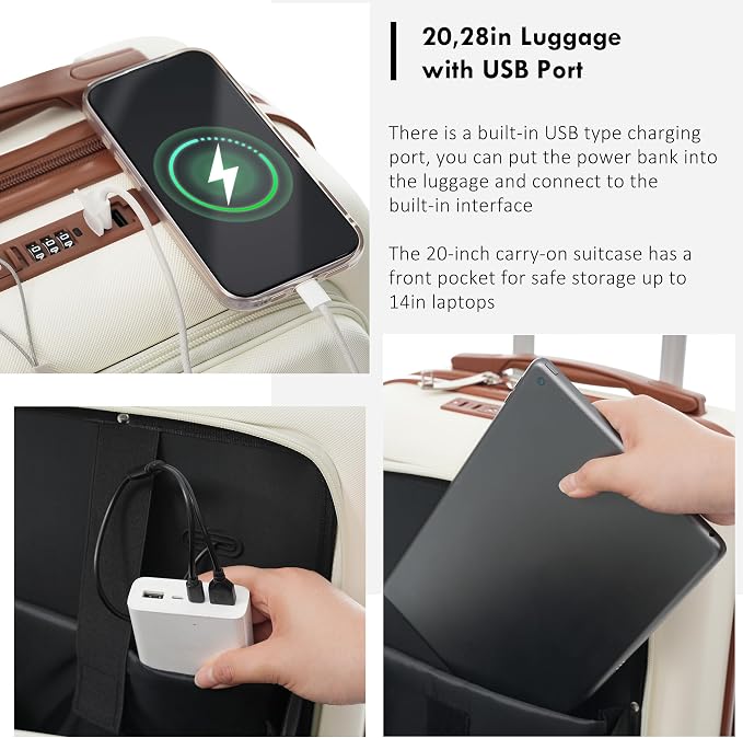 4-Piece Luggage Set, Suitcase with TSA Lock Travel Duffel Bag Wet-Dry Toiletry Bag, Ivory Front-Opening - Image 3