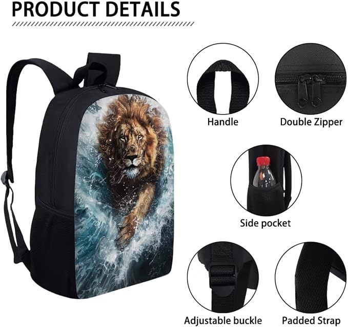 17 Inch Animal Print School Backpack And Lunch Box Set for Kids Lightweight Cool Lion Backpack for Boys Girls Sturdy School Bag with Insulated Lunchbox Pencil Case Student Bookbag - Image 4