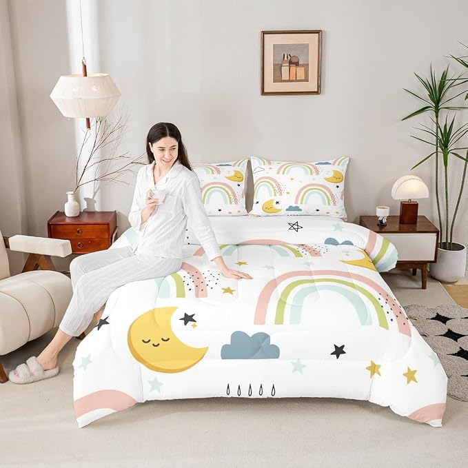 Erosebridal Girls Rainbow Quilt King Size, Cute Stras Moon Comforter Set Cartoon Kawaii Bedding Set for Kids Boys Room Decor, Cartoon Rainbow Ripple Duvet Insert Iridescent Girly Down Comforter 3Pcs - Image 2