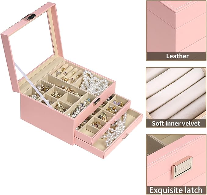 BOOVO Clear Lid Jewelry Box,3 Layers Jewelry Organizer Large Jewelry Storage Box with 2 Drawers,Jewelry Holder Organzier of Rings Earrings Necklace Bracelets for Women (Pink, 3 Layer) - Image 2