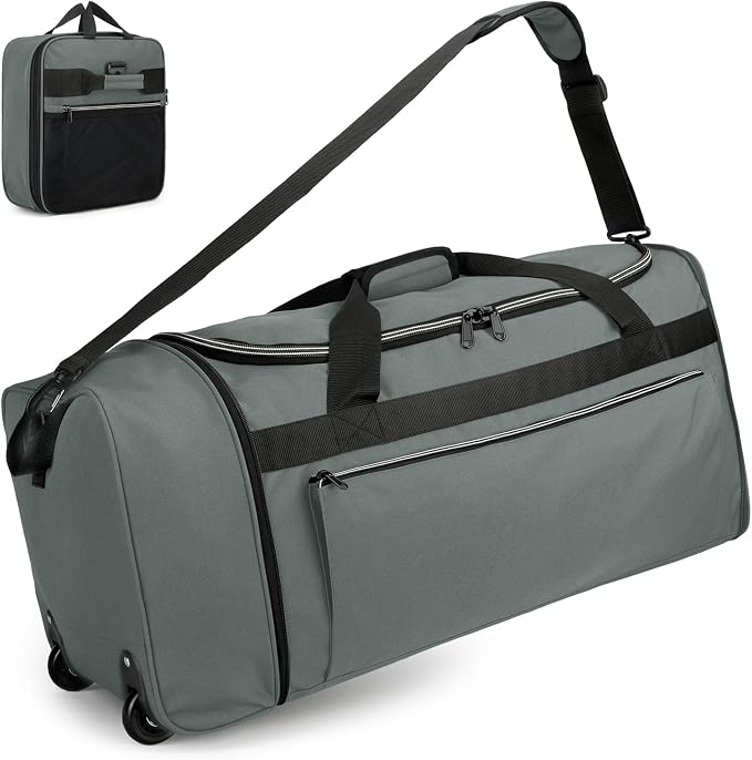 Uarition 70L Foldable Rolling Duffle Bag with Wheels, 28” Large Duffle Bag for Travel, Carry On Luggage Duffel Bag for Traveling/Camping/Moving, Water Resistant, Grey by DUFFEL