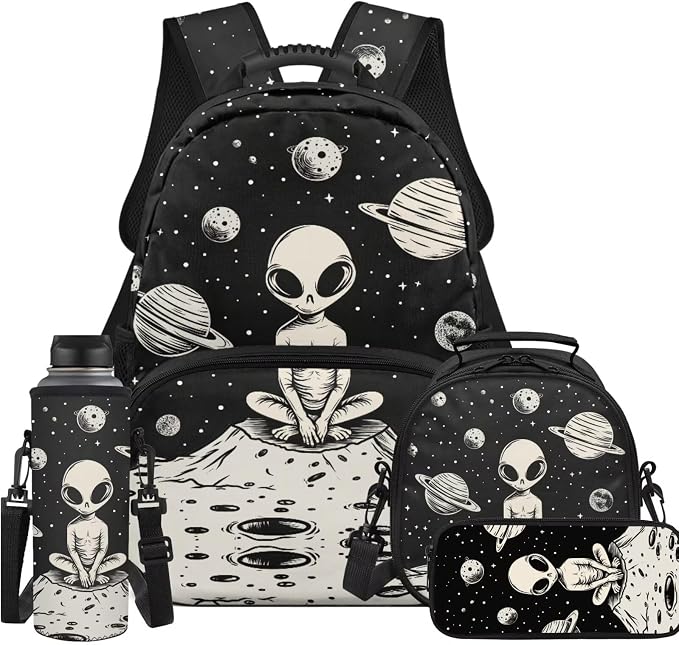 Mysterious Alien Backpack for Kids Boys Backpack with Lunch Box Large Pencil Case Water Bottle Carrier 4Pcs Set 17" Bookbag with Compartments for School Sturdy Elementary School Bag Gifts by Unknown