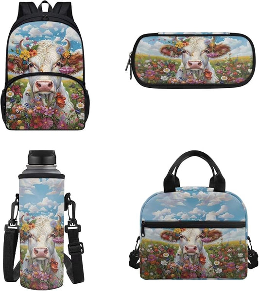 Cow Print Schoolbag for Girls，4Piece Flower Cow School Backpack with Insulated Lunch Box Pencil Case Bottle Holder Bag for Kindergarten，Primary Students by Chririnla