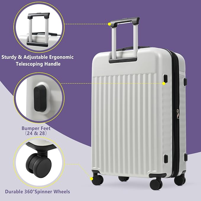 Merax 3 Piece Luggage Sets, Hardside Lightweight Carry on Suitcase | Durable Expandable Luggage with Travel Bags Spinner Wheels and TSA Lock,White Grey - Image 3
