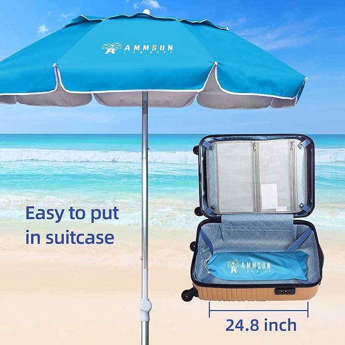 AMMSUN 6ft Folded Portable Travel Beach Umbrella with Sand Anchor Tilt Air vent UPF 50+UV Protection Fit In Suitcase Compact Foldable Telescopic umbrellas for Patio Garden Beach Pool Sky Blue - Image 8