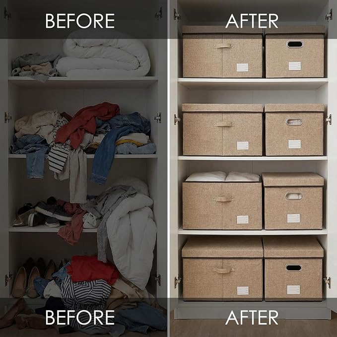 PRANDOM Storage Bins with Lids [3-Pack] Jute Fabric Foldable Storage Boxes Organizer Containers Baskets Cube with Cover for Home Bedroom Closet Office Nursery khaki（23.4X15.9X11.5 - Image 5