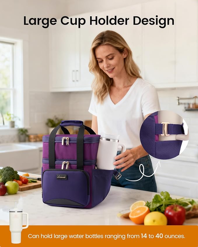 LOVEVOOK Insulated Lunch Bag For Women,Large Double Deck Adult Lunch Box,Teacher Lunch Tote Bag With Cup Holder,Leakproof Cooler Bag With Adjustable Shoulder Strap For Work Picnic Beach,Larger 15L - Image 2