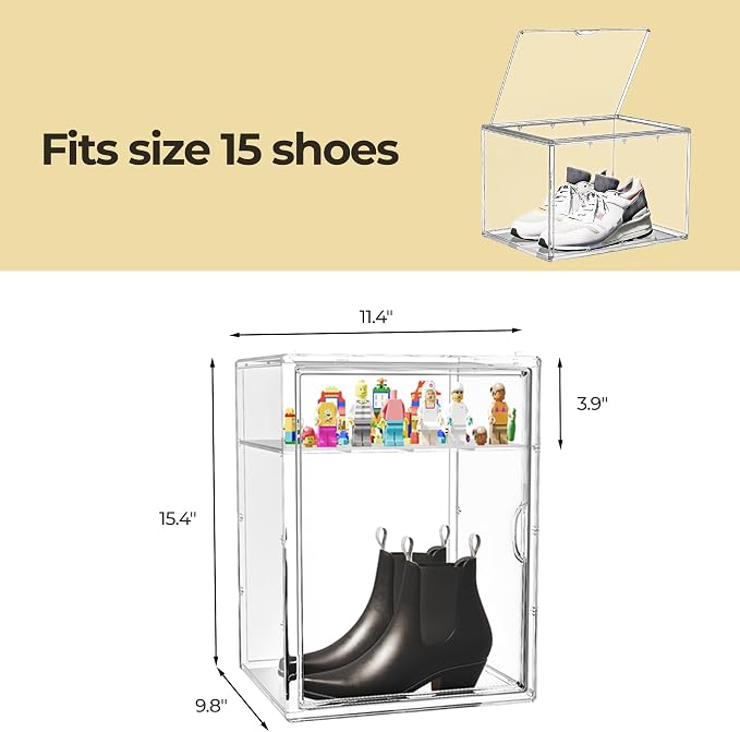 15.75''x11.81''x9.84'' XX-Large Clear Shoe Storage Boxes with Divider, Stackable Plastic Boot Boxes with Magnetic Door, Acrylic display case Box with Lids for Sneaker Purses Handbags Books (1) - Image 8