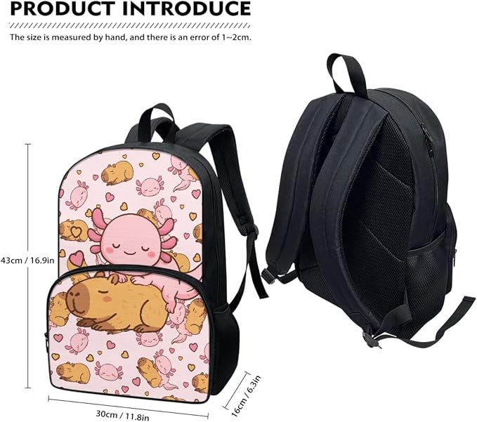 Cute Axolotl Capybara Pink Backpack for Girls, School Backpack Bookbag Lunch Box Pen Case for Elementary Primary Middle School, Kids Backpacks Schoolbag Water Bottle Holder Set 4 in 1 - Image 2