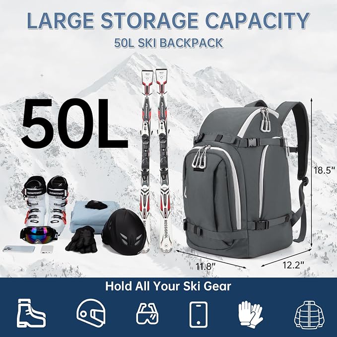 Ski Boot Bag, 50L Ski Boot Travel Backpack for Skis, Snowboard & Accessories, Waterproof Padded Ski Boot Bag Backpack - Image 2