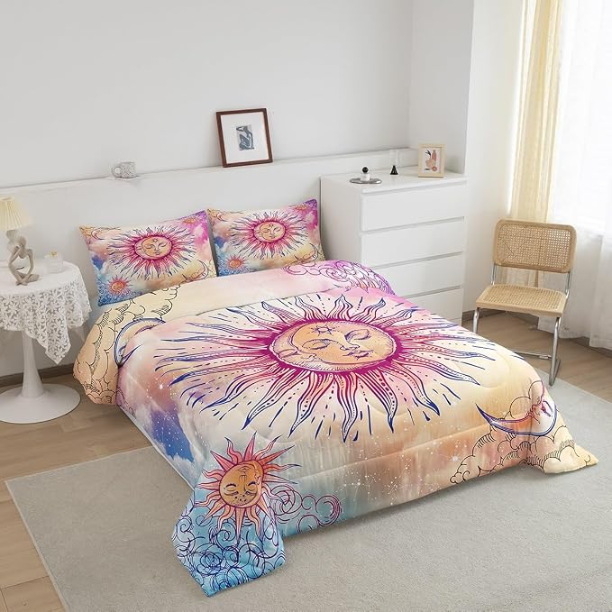 Sun and Moon Comforter Set King Stars Constellation Galaxy Bedding Set,Pink Blue Pastel Clouds Tie Dye Comforter for Kids Girls Women Boho Hippie Psychedelic Celestial Astrology Quilt Duvet Set 3 Pcs - Image 2