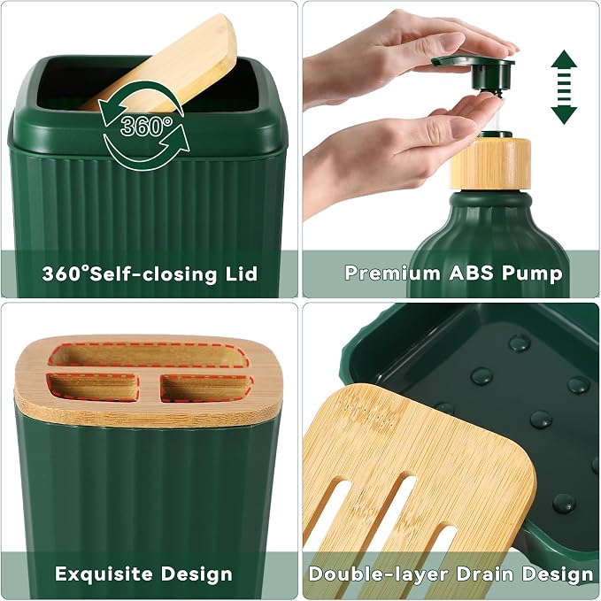 32PCS Dark Green Bathroom Accessories Set with Shower Curtain,Rugs,Trash Can,3PCS Lotion Soap Dispenser, Toothbrush Holder, Soap Dish,Tumbler Cup,6PCS Wood Tags Bath Accessories with Tray for Bathroom - Image 5