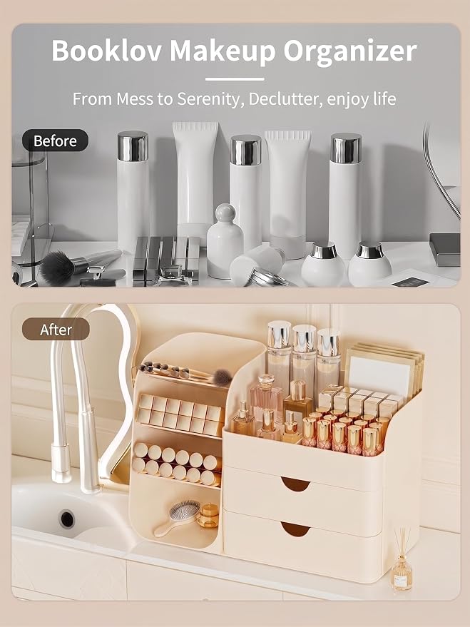 Booklov Small Makeup Organizer for Vanity and Bathroom Countertop, Cream | Plastic Cosmetic Display Case with Drawers, Beauty Brush Holder for Dresser Counter Skin Care Eyeshadow Lipstick Storage - Image 6