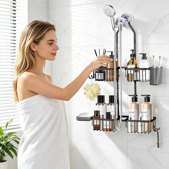 Adjustable Hanging Shower Caddy for Handheld Showerhead, Rustproof Aluminum Over Shower Head Organizer, Renter-Friendly No-Swing Storage for Tall Bottles & Soap, 2-Tier, Black - Image 7