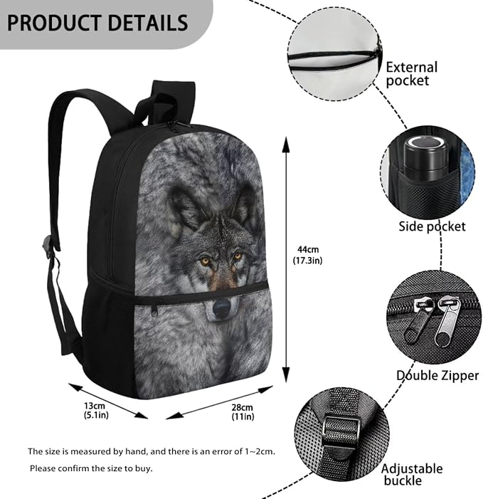 3D Wolf Backpack for Boys Wolf Kids Backpack with Lunch Box Water Bottle Pouch and Kawaii Pencil Case Bookmark 5Pcs Set for Travel School Supplies - Image 3