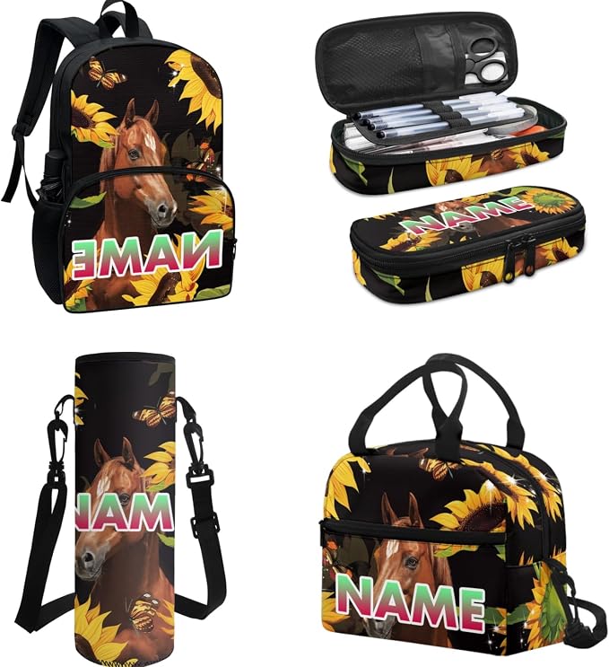 Sunflower Horse 4 Pieces/Set Kids Backpack, Yellow Flower Lunch Bag for Boys Girls, Floral Black Bookbag Insulated Lunch Box Water Bottle Carrier Bag Pen Pouch - Image 2
