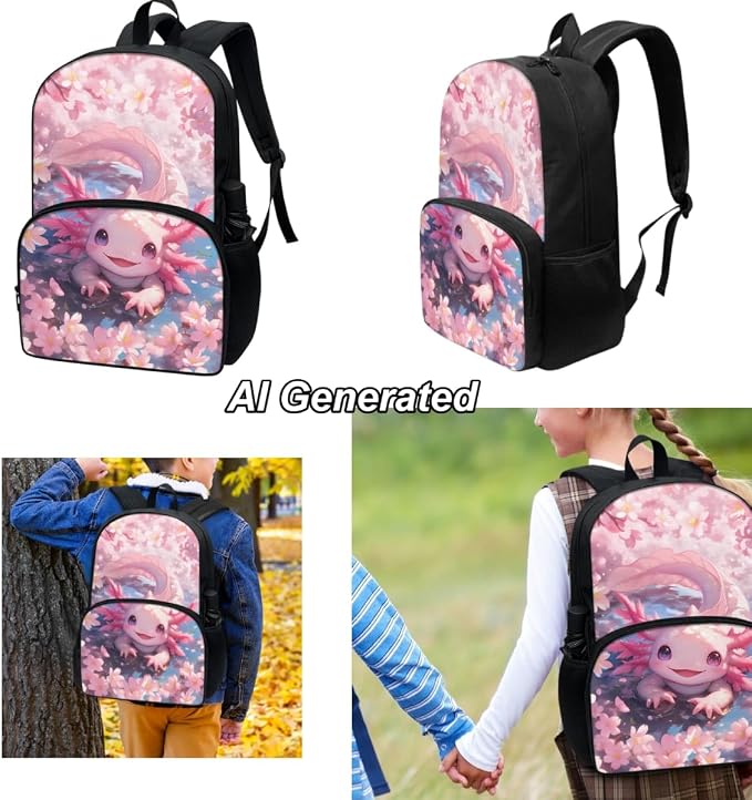 Axolotl School Backpack for Girls Kids Bookbag with Lunch Box and Pencil Pouch Set 3-in-1 Teen Girl Bookbag Back to School Backpack School Shoulder Bag - Image 3