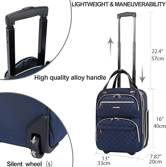 KROSER Carry On Underseat Multi-functional, 16-inch Underseater Lightweight Overnight Suitcase for Men Women, Navy/Gold - Image 3