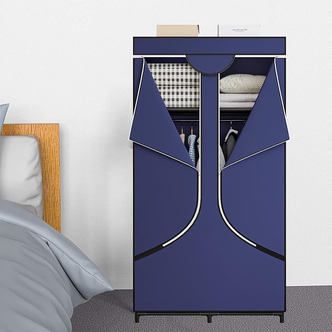 SORCEDAS Portable Wardrobe Closet Storage Organizer Metal Hanging Rack Non-Woven Fabric 34 Inch Coffee (34 Inch, Blue) - Image 2
