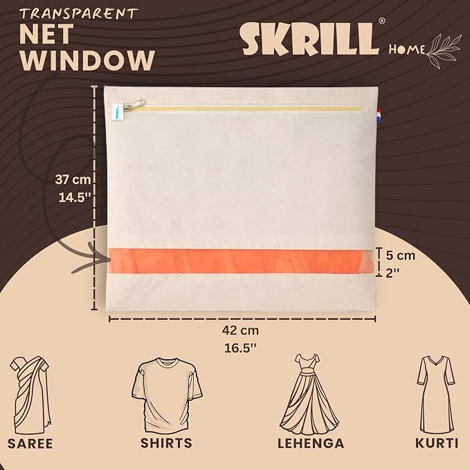 Cotton Canvas Saree Storage Bags | Wardrobe Organizer, Clothes Storage Covers with Zip Closure & Transparent Mesh Net Window, Cotton Organizer | Dress,Saree | Beige – 16 x 14 Inches - Set of 12 - Image 3