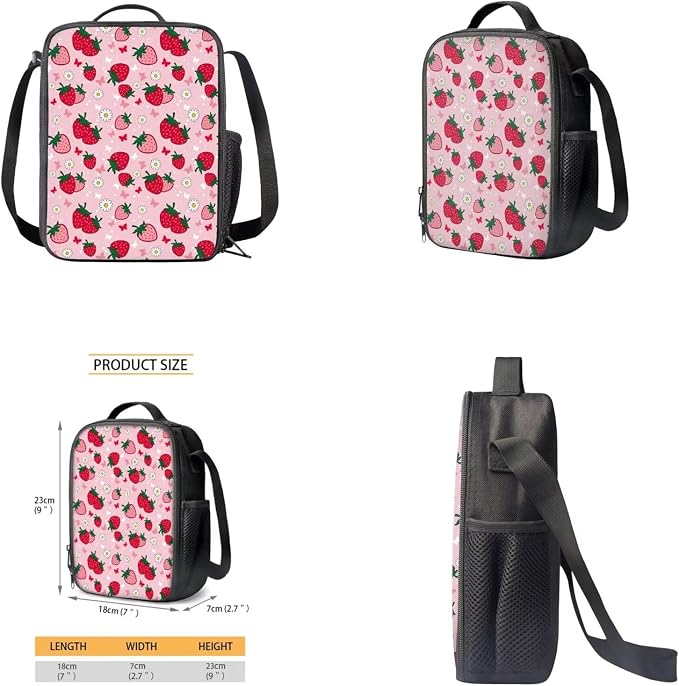 Cute Strawberry Backpack for Girls Kids Backpack with Lunch Box Water Bottle Holder with Strap and Large Pencil Case 4PCS Set Bookbag with Front Pocket for School 17" Lightweight School Bag - Image 4