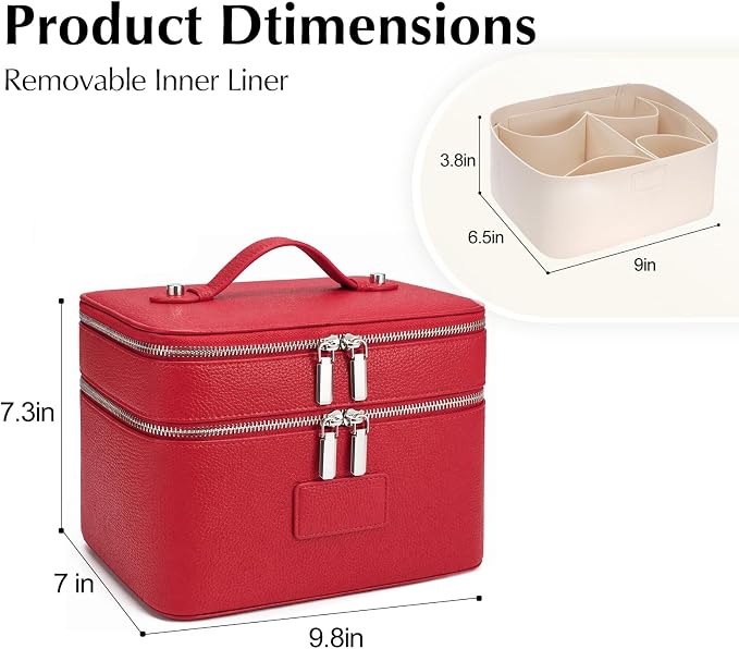 Makeup Case,Leather Double Layer Makeup Bag Duo,Large Portable Travel Toiletry Case Cosmetic Organizer for Women - Image 2